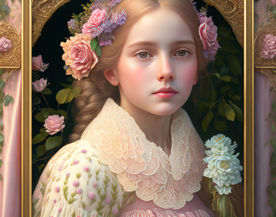 Portrait of young girl with braided hair, lace collar, floral dress, surrounded by flowers