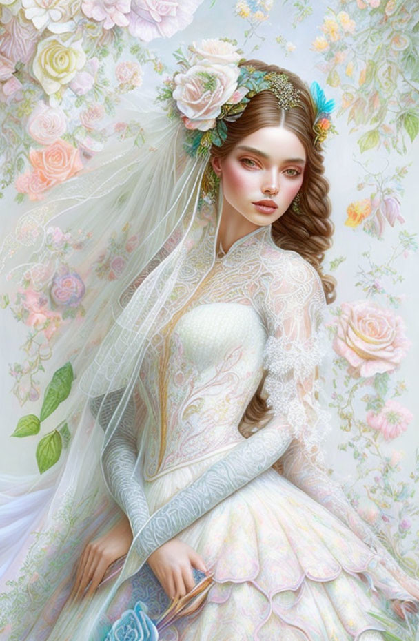 Fantasy bridal illustration with floral crown and lace gown