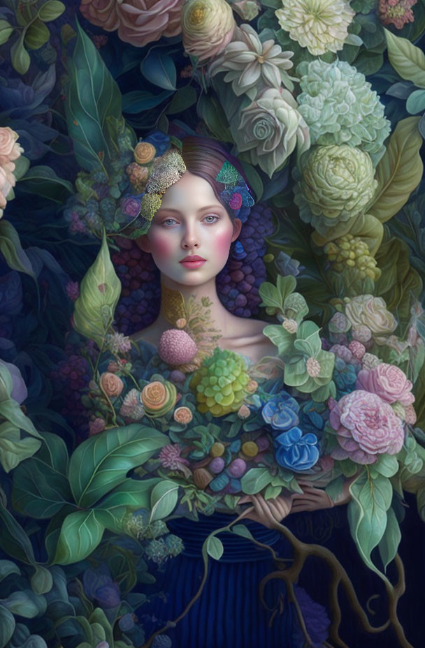 Surreal portrait of woman in lush floral setting