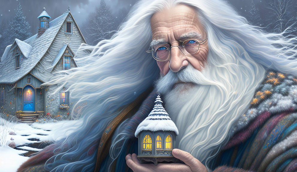 Elderly man with long white hair holding miniature lit house in snowy cottage setting