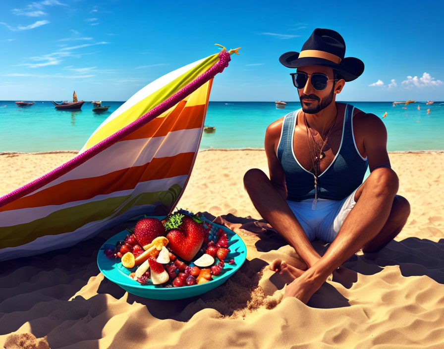 Man in sunglasses and hat relaxing by colorful umbrella on sandy beach with fresh fruit plate under clear skies