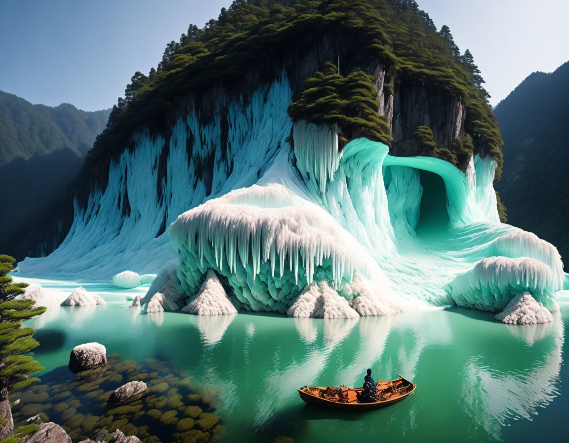 Boat with two people near icy-blue waterfall