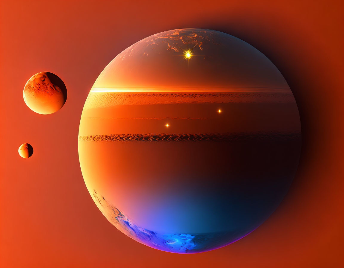 Colorful digital art: large planet, two smaller ones, warm orange background, distant star.