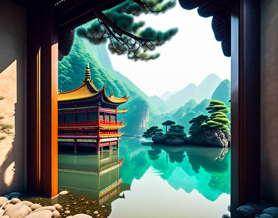 Tranquil lake and red pagoda framed by traditional doorway