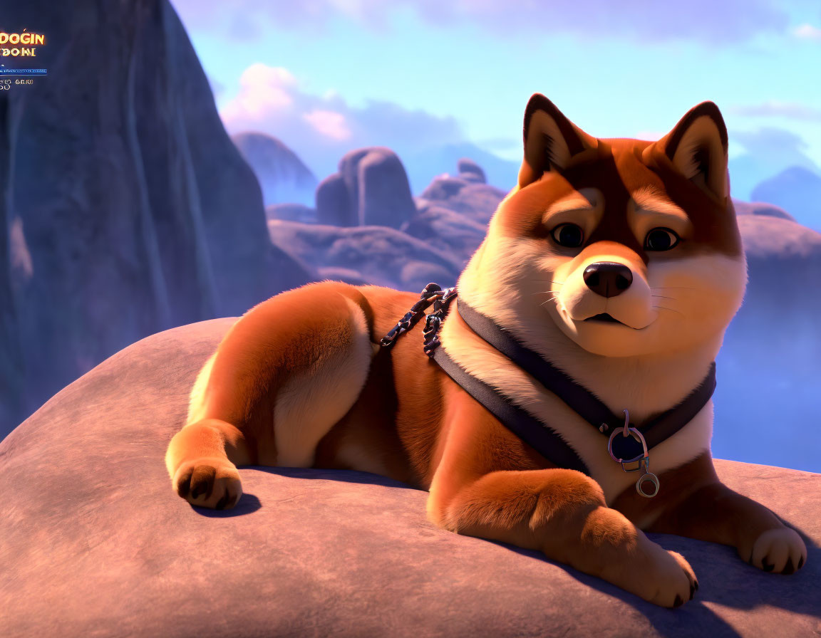 Shiba Inu with collar and chain on rock with hills in background