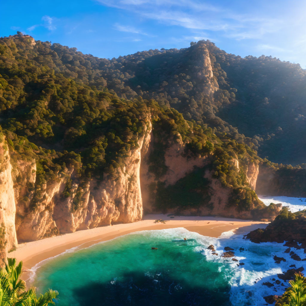 Golden Sands Secluded Beach Between Green Cliffs & Turquoise Sea