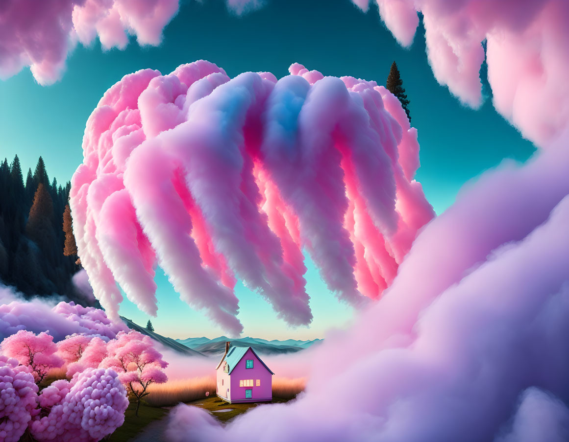 Surreal pink cloud formations over lone house in dreamlike landscape