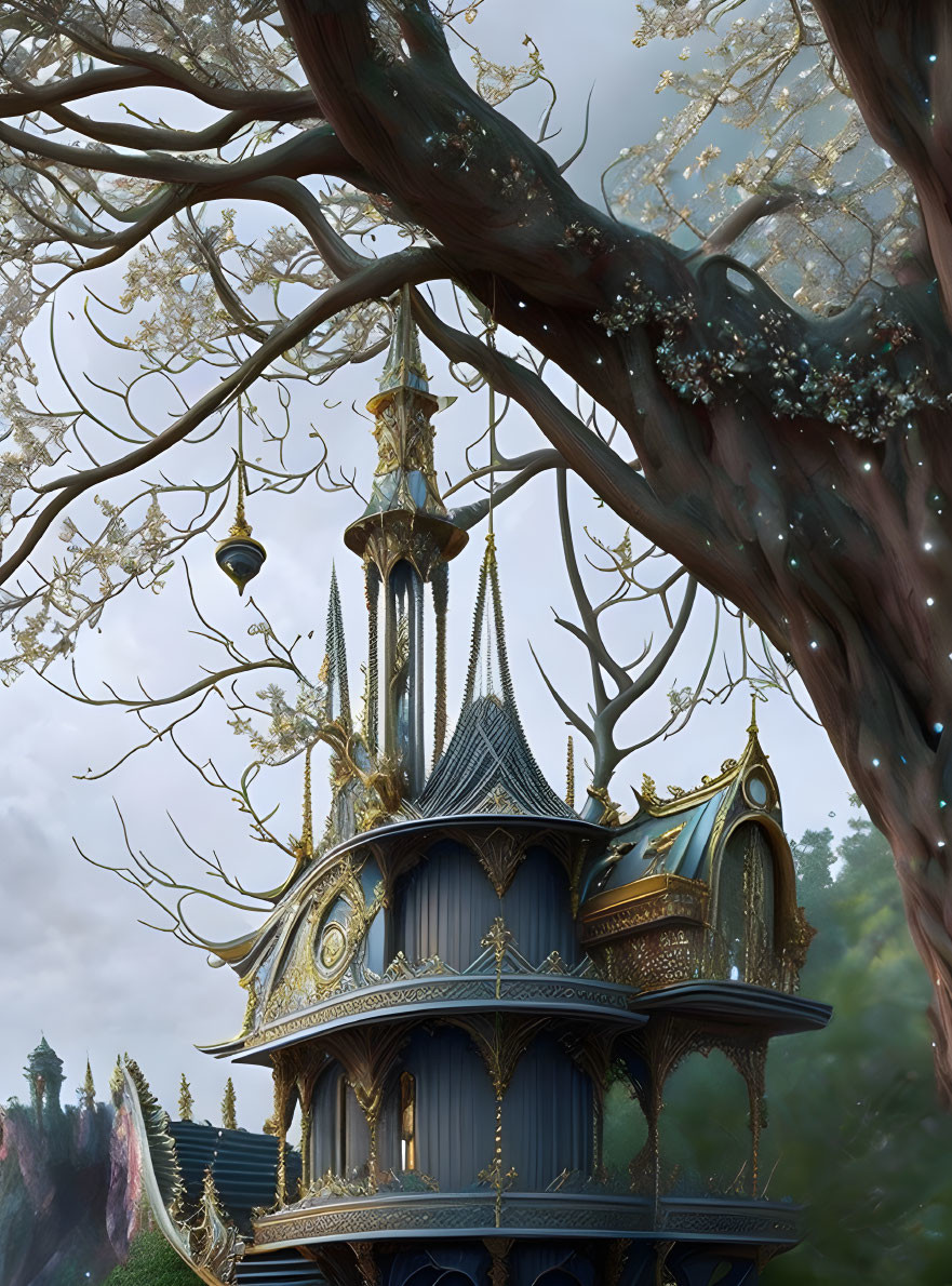 Fantasy tower with gold and blue details in mystical forest