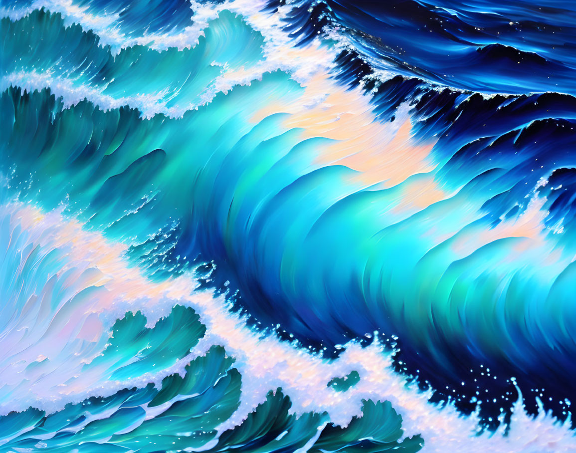 Vibrant painting of rolling ocean waves in varying shades of blue and white