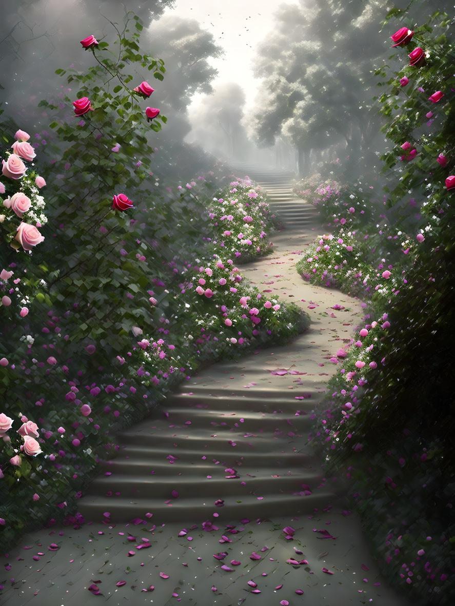 Tranquil stone path with green hedges and pink roses in misty forest