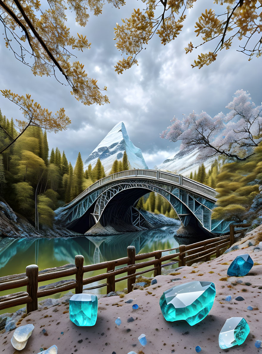 Turquoise Lake, Arched Bridge, Snow-Capped Mountains, Vibrant Trees, Gemstones