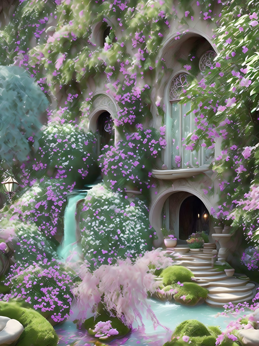 Lush garden with waterfall, pink trees, and mystical house