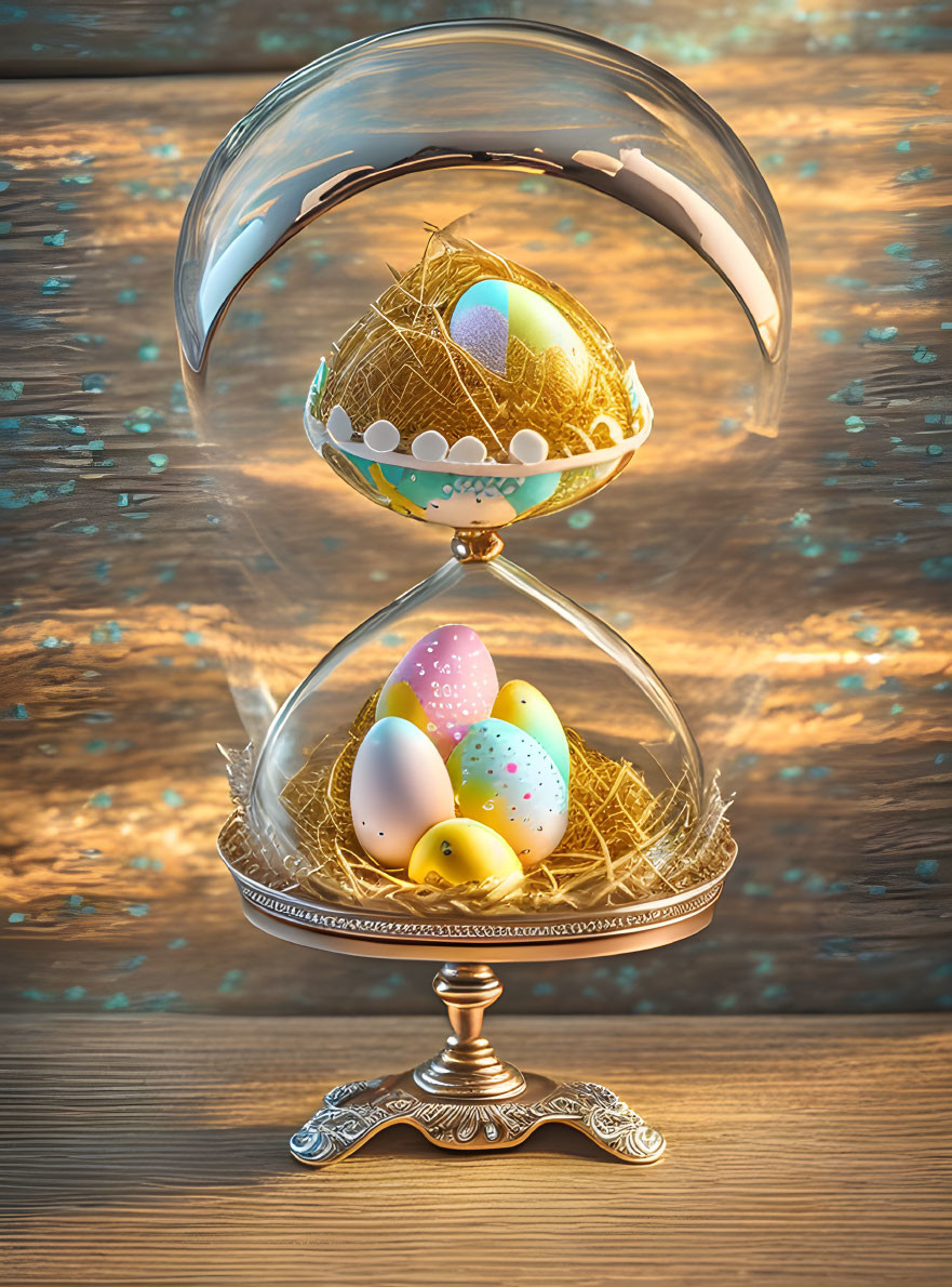 Speckled Easter eggs in glass cloche with nest on wooden surface