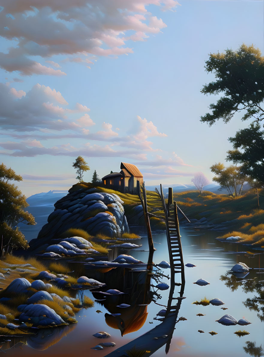 Tranquil landscape with cabin, pier, and reflective waters at dusk