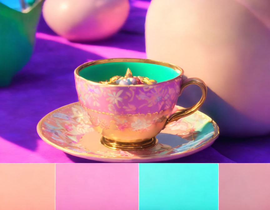 Colorful Teacup with Floral Patterns and Pearls in Vibrant Lighting