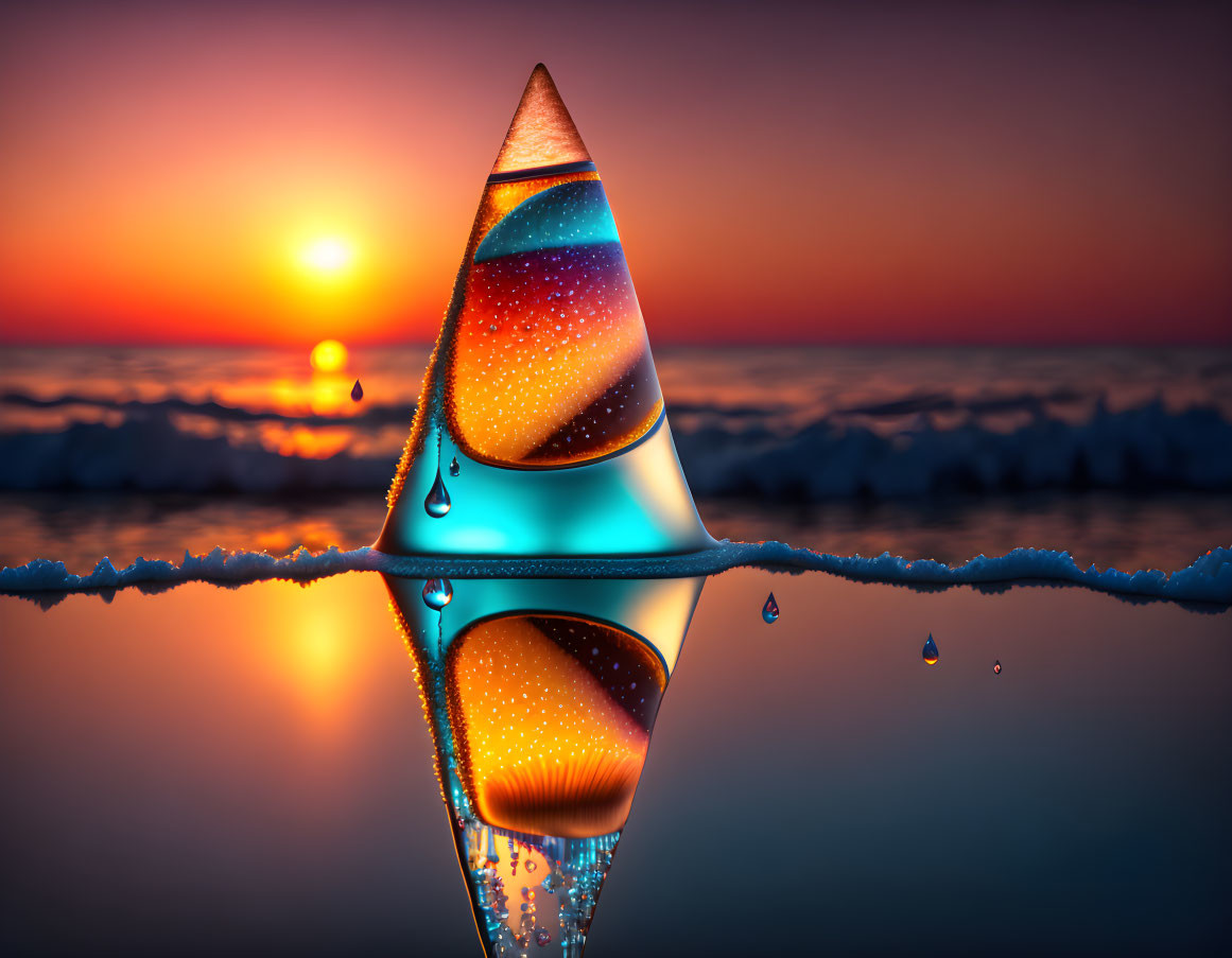 Vivid sunset reflected in teardrop-shaped water bead