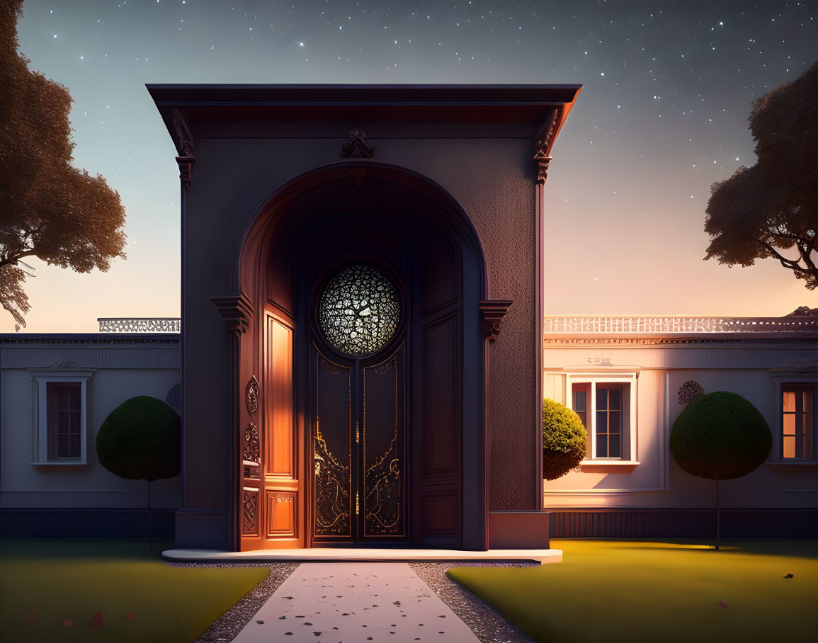 Twilight scene with ornate wooden door, stars, topiary bushes, and path