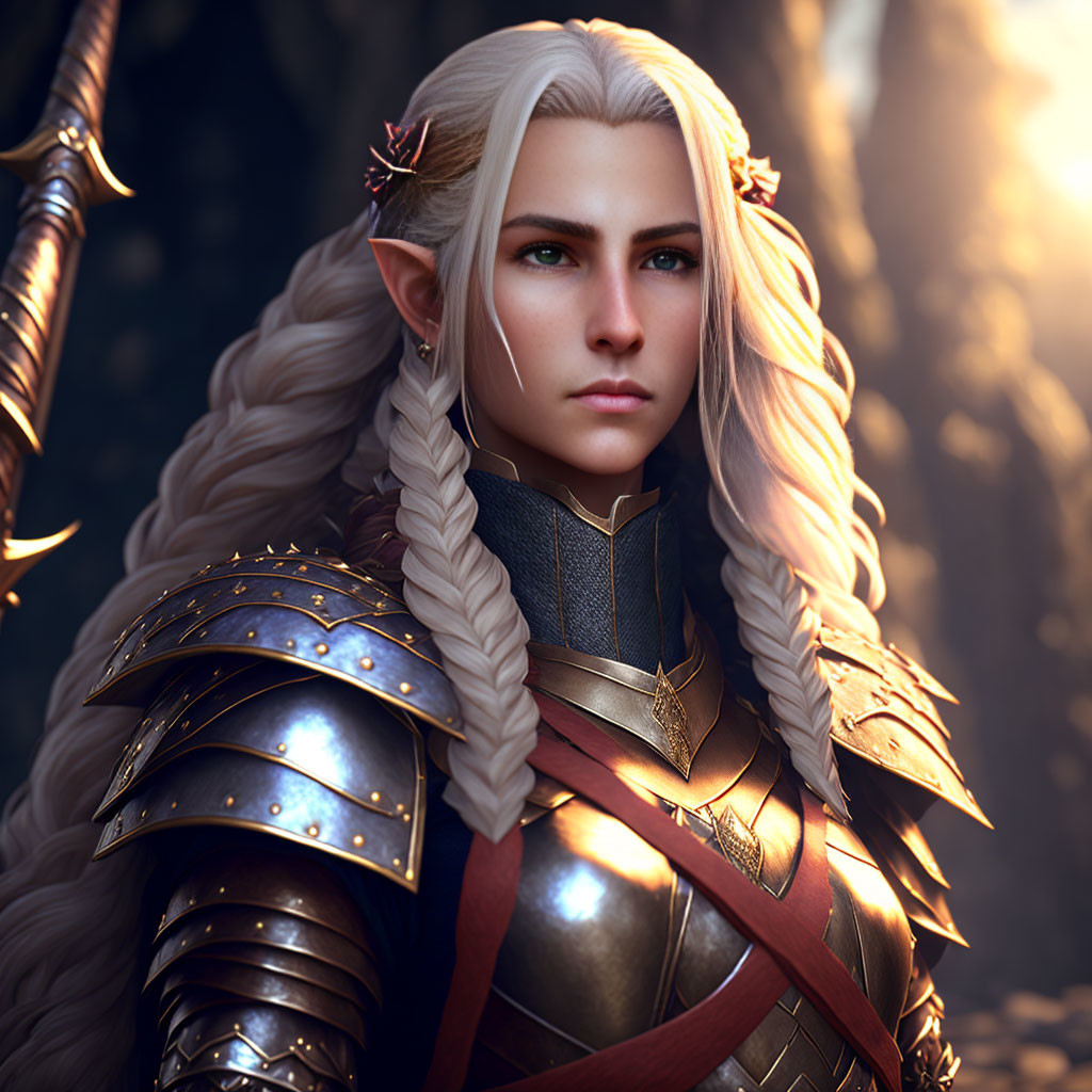 Elven warrior with white hair and detailed armor in softly lit forest