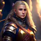 Elven warrior with white hair and detailed armor in softly lit forest