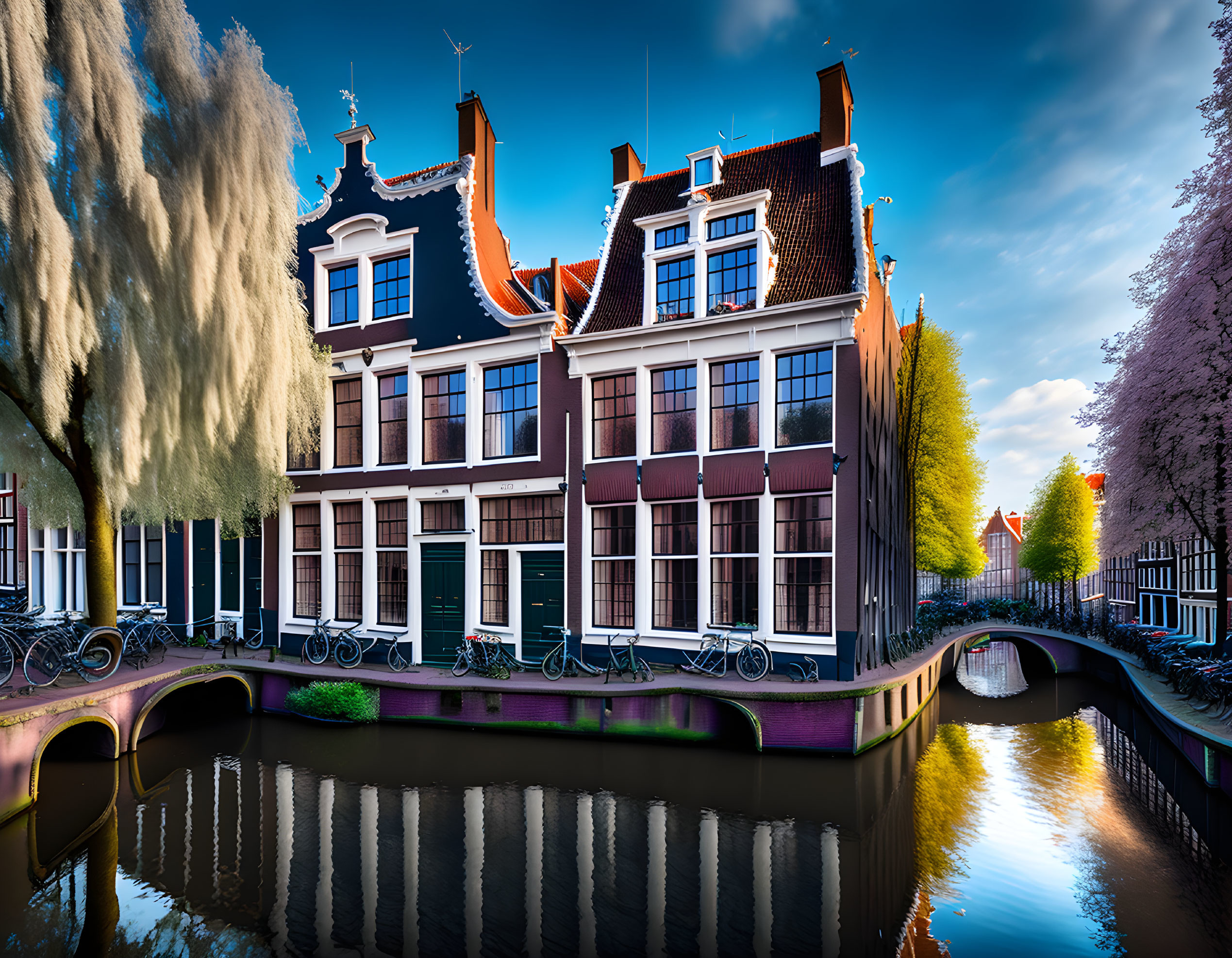 Classic Dutch houses, canal, bridge, bicycles, and autumn trees under blue sky.