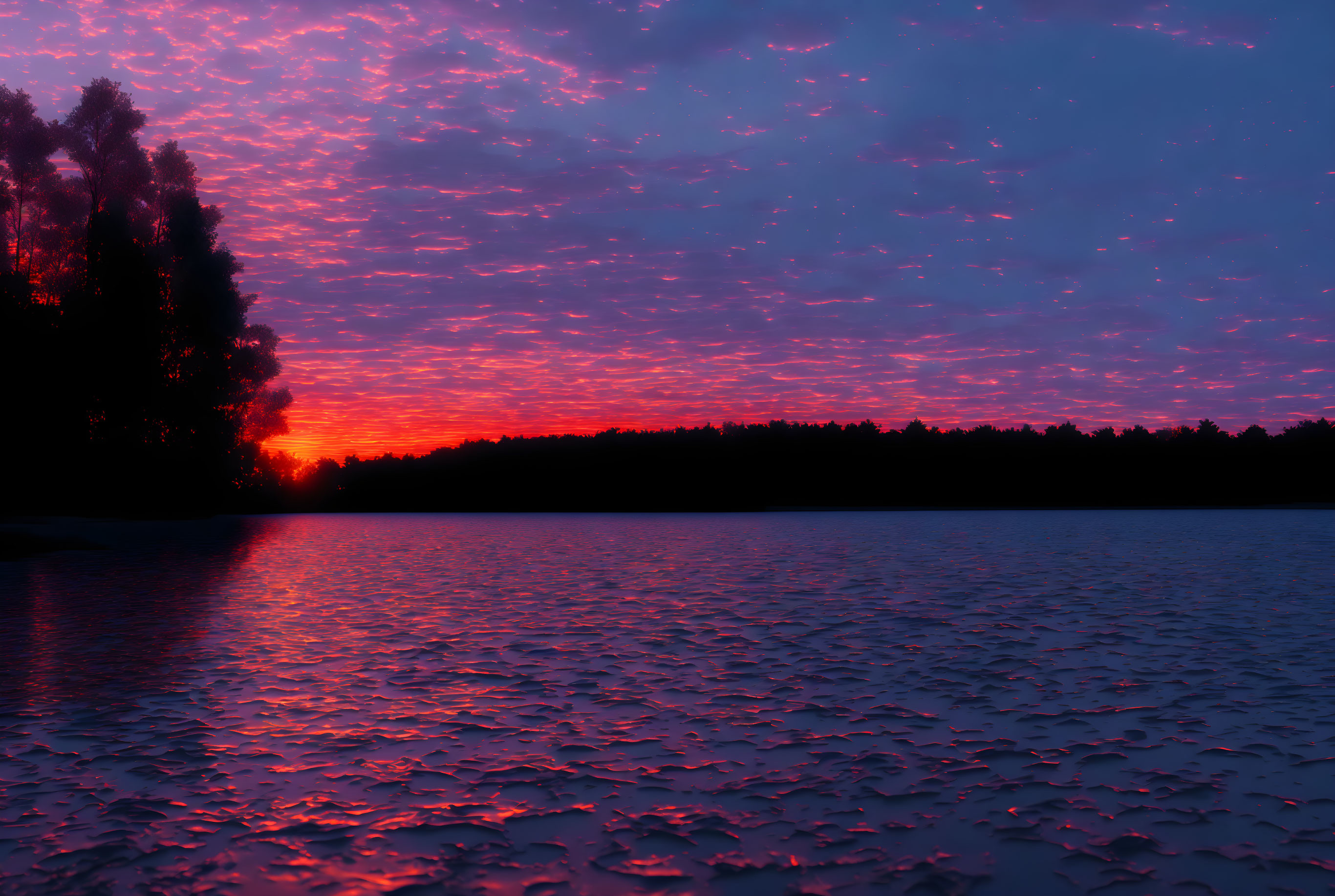 Vivid Red and Purple Sunset Reflecting on Calm Lake