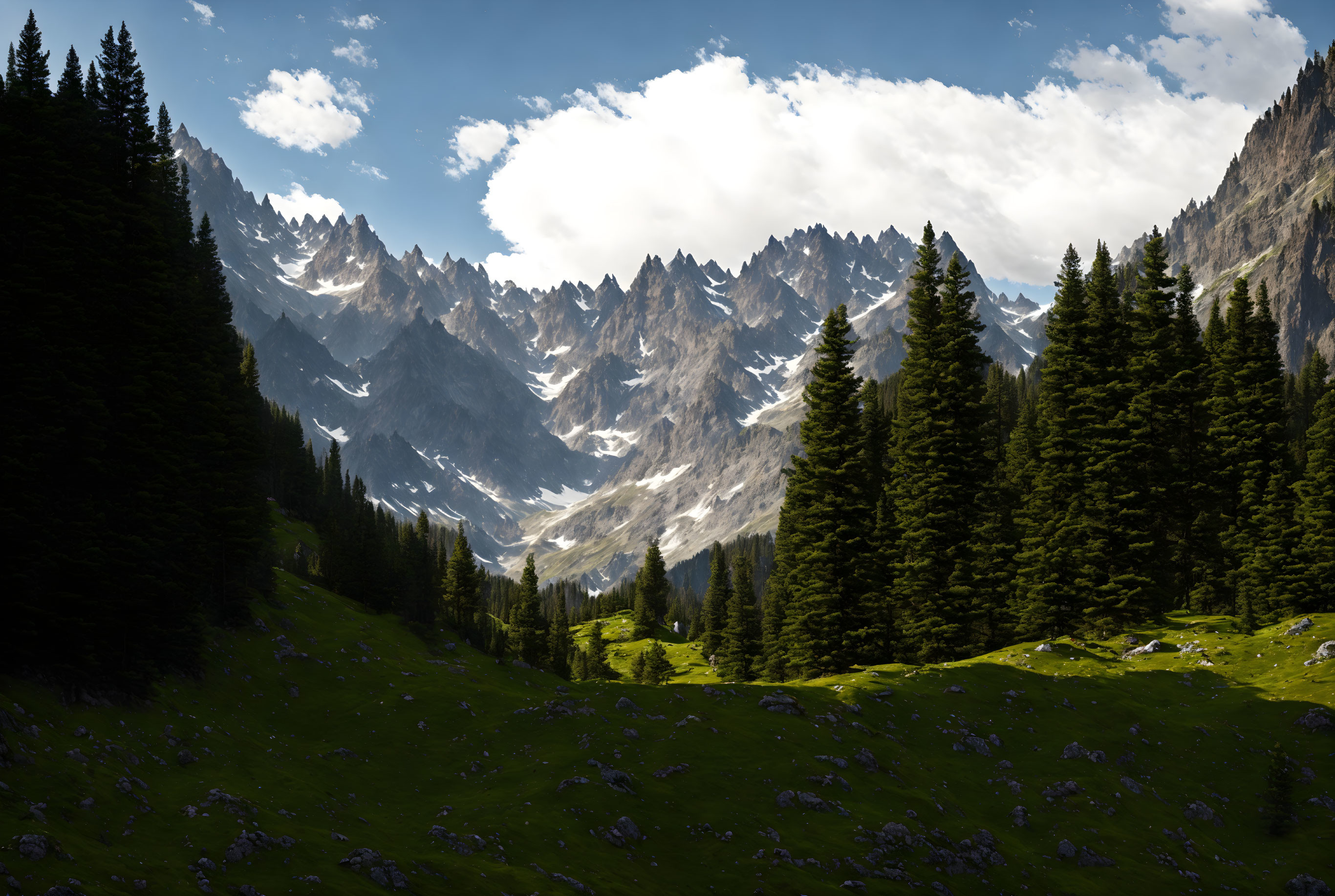 Majestic mountain range with jagged peaks and evergreen forests