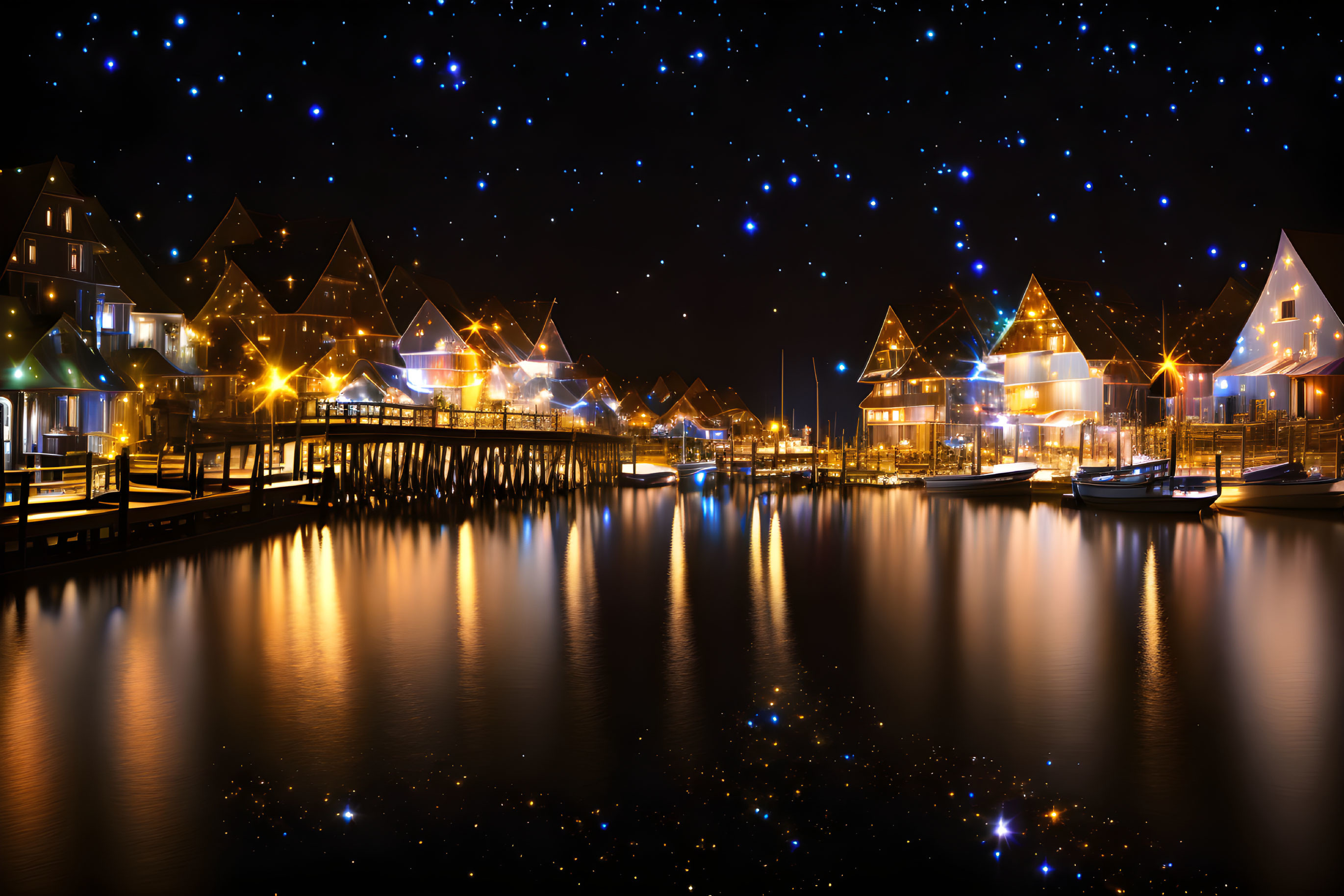 Night waterfront scene with illuminated houses and boats reflecting on calm water