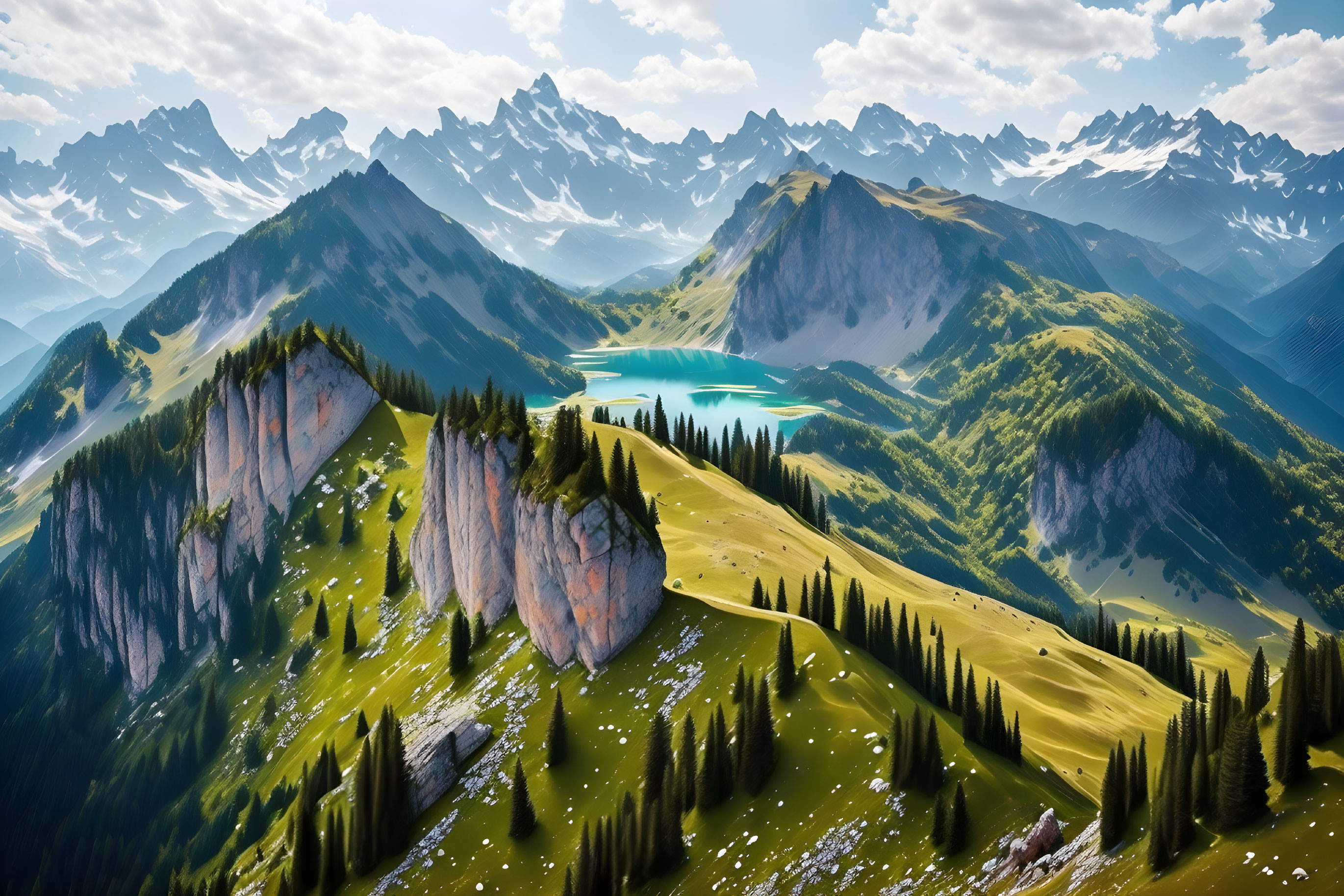 Majestic mountain landscape with turquoise lake and snowy peaks