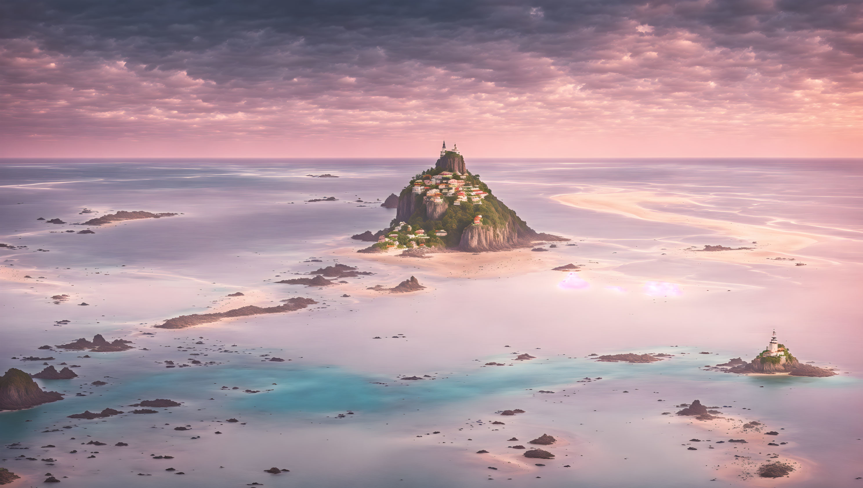 Surreal castle on rocky island in pink sea at sunset