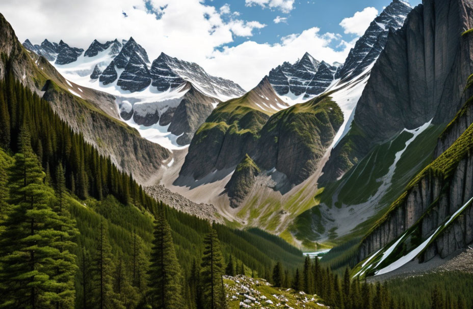 Scenic green valley with rugged mountains and snow patches.