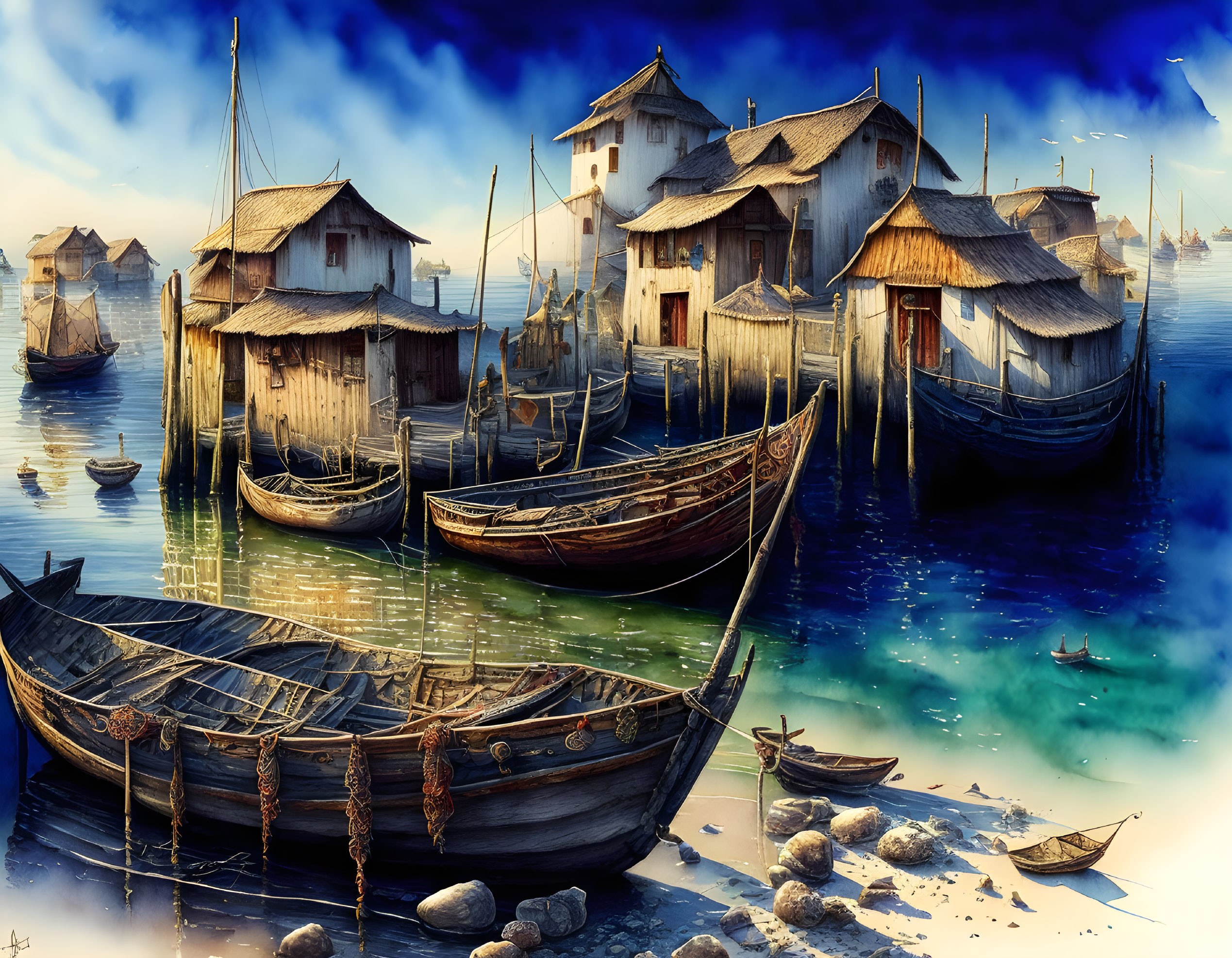 Tranquil waterfront village with wooden houses on stilts and traditional boats in serene blue sea at sunrise