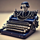 Humanoid Figure with Headphones Blending into Intricate Typewriter