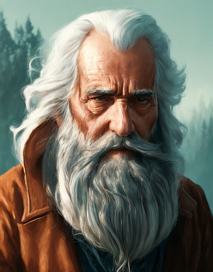 Illustrated portrait of old man with white beard and stern expression in brown jacket against forest backdrop