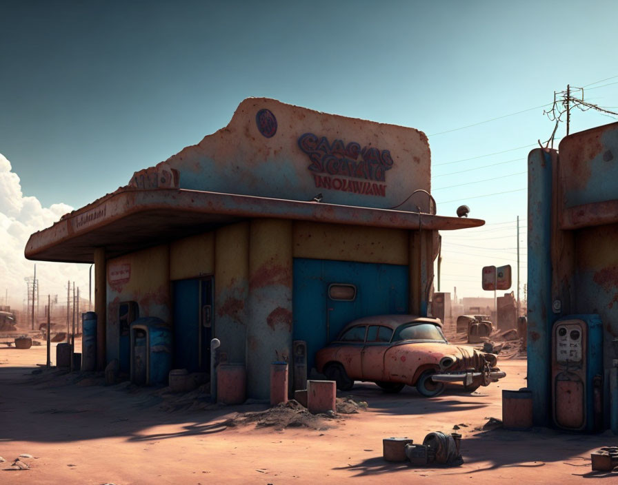 Abandoned Gas Station with Rusty Car in Desert Landscape