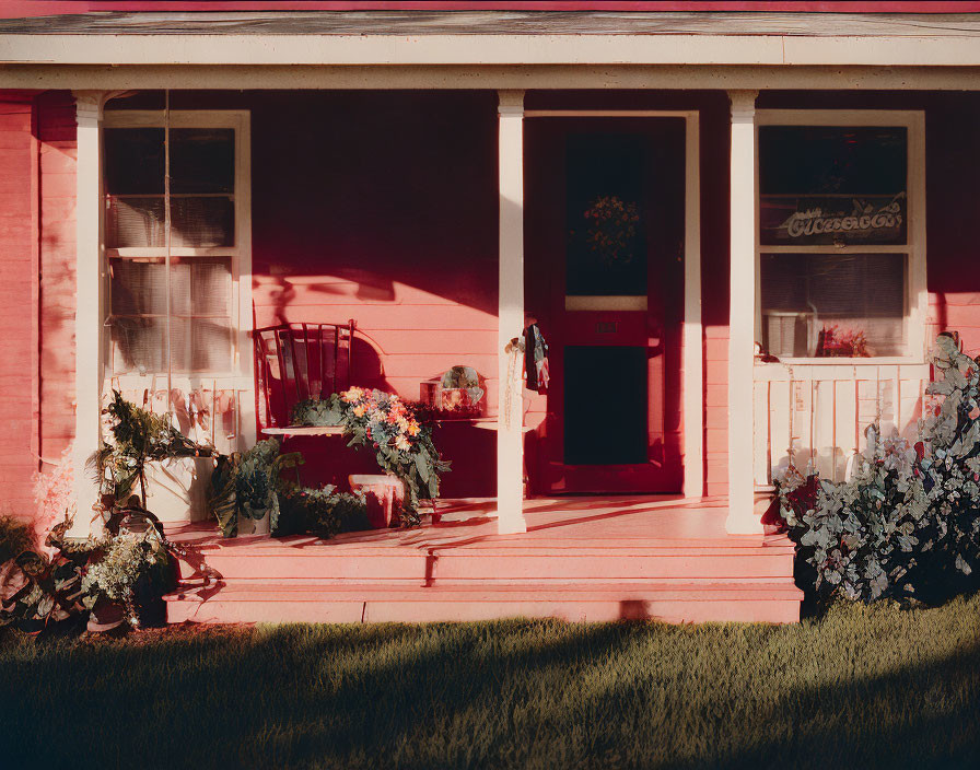 Sunlit Red Wooden Porch with Chairs and Flowering Plants