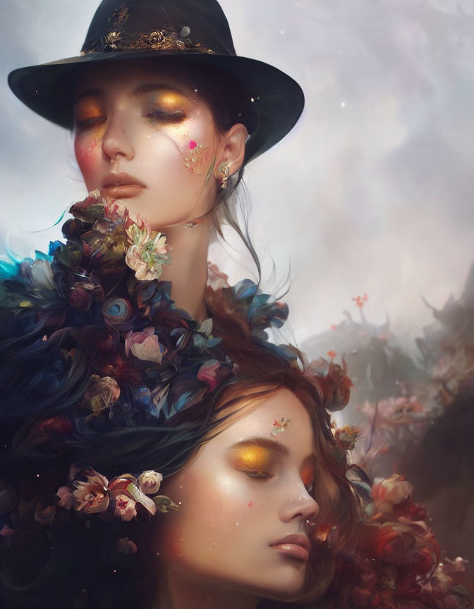 Two women with flowers, one in a hat, the other with golden eye makeup