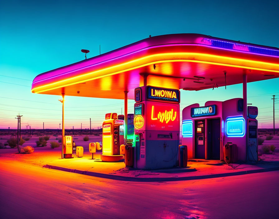 Twilight scene of neon-lit gas station with pink and blue lights