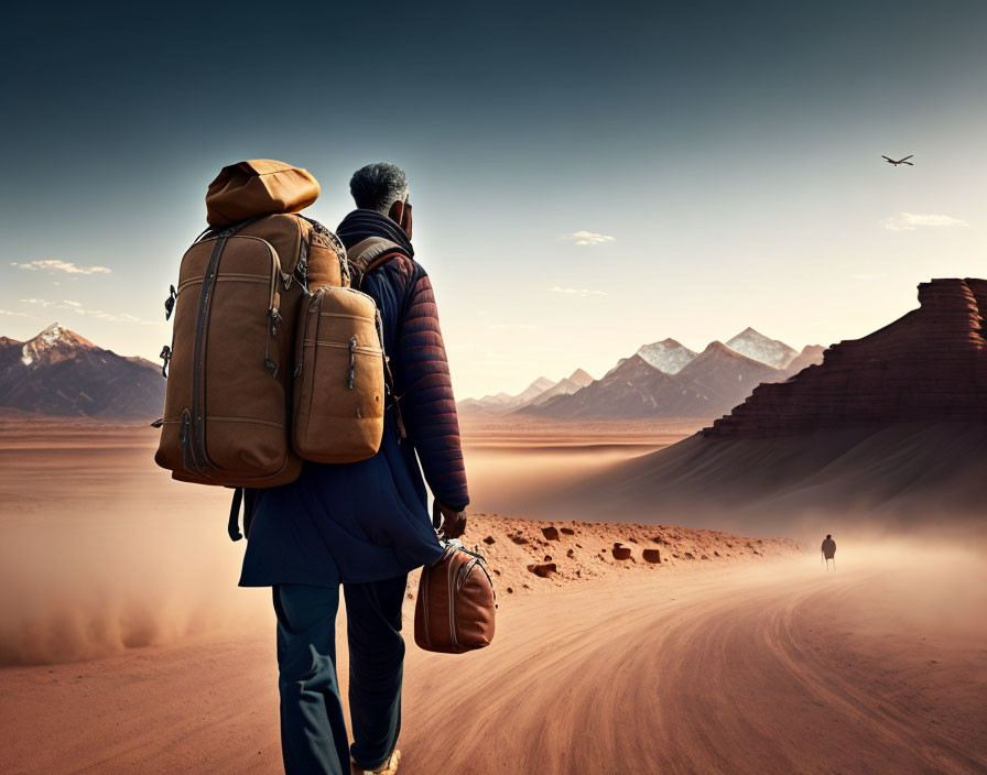 Traveler with large backpack and duffel bag in desert landscape with distant mountains and solitary figure