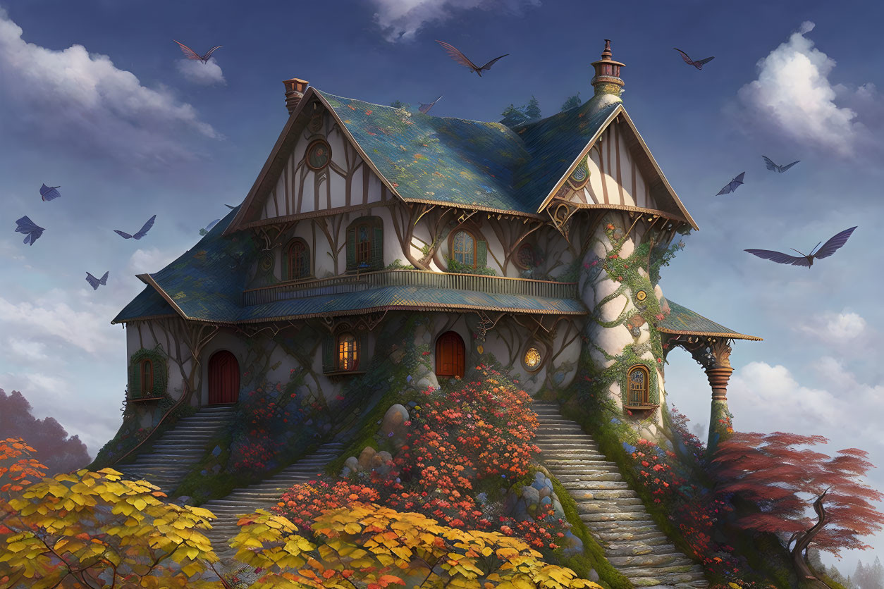 Cozy cottage on staircase amid autumn trees and flying birds