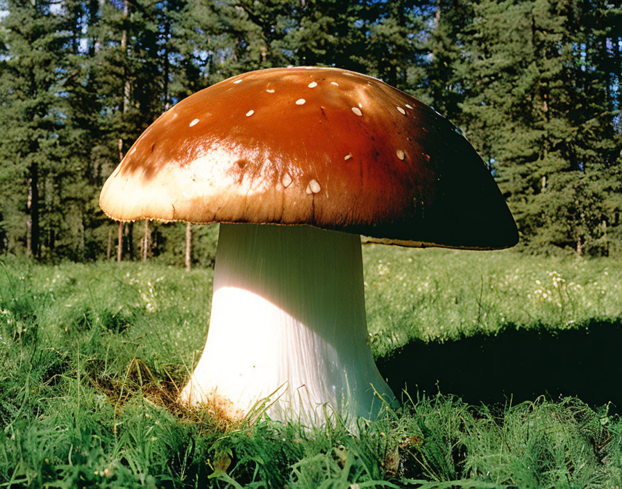 Brown-Capped Mushroom with White Spots in Grassy Field