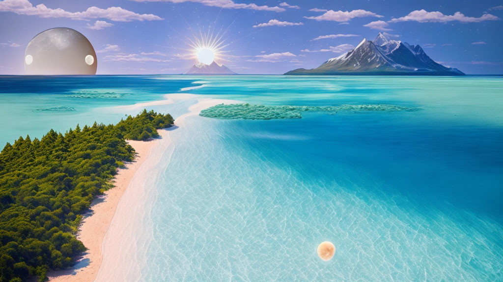 Surreal landscape: turquoise sea, sandy beach, trees, mountain, two suns, moon