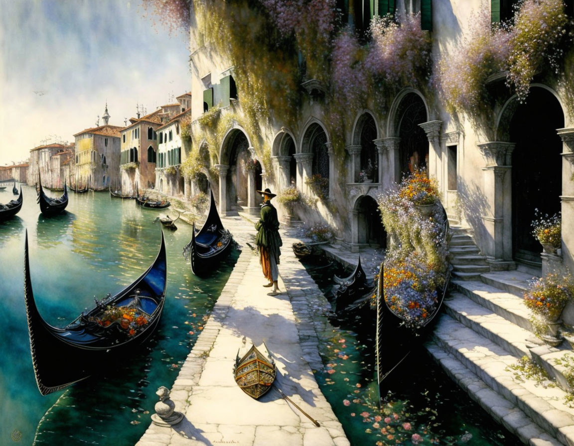 Tranquil Venetian canal with gondolas and flowering balconies.