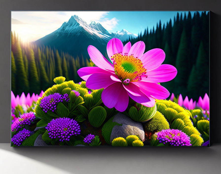 Pink Flower with Purple Blooms on Canvas Wall Art featuring Mountain and Forest