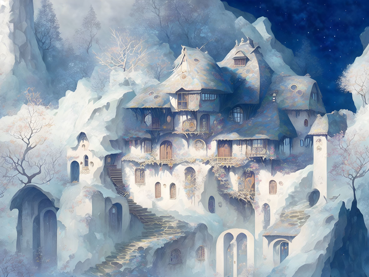 Illustration of whimsical fairytale house in snowy landscape