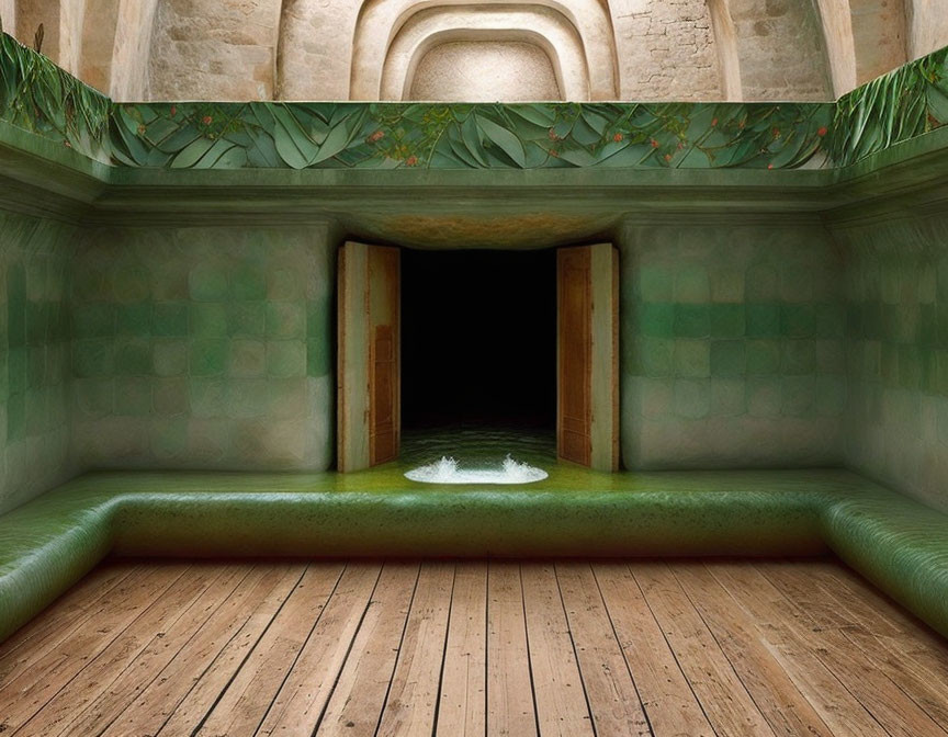 Historical room with green walls, vaulted ceiling, wooden floors, and open doorway.