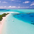 Surreal landscape: turquoise sea, sandy beach, trees, mountain, two suns, moon