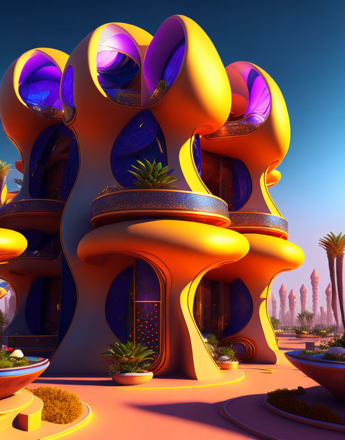 Futuristic building with orange structures and purple glass in desert oasis
