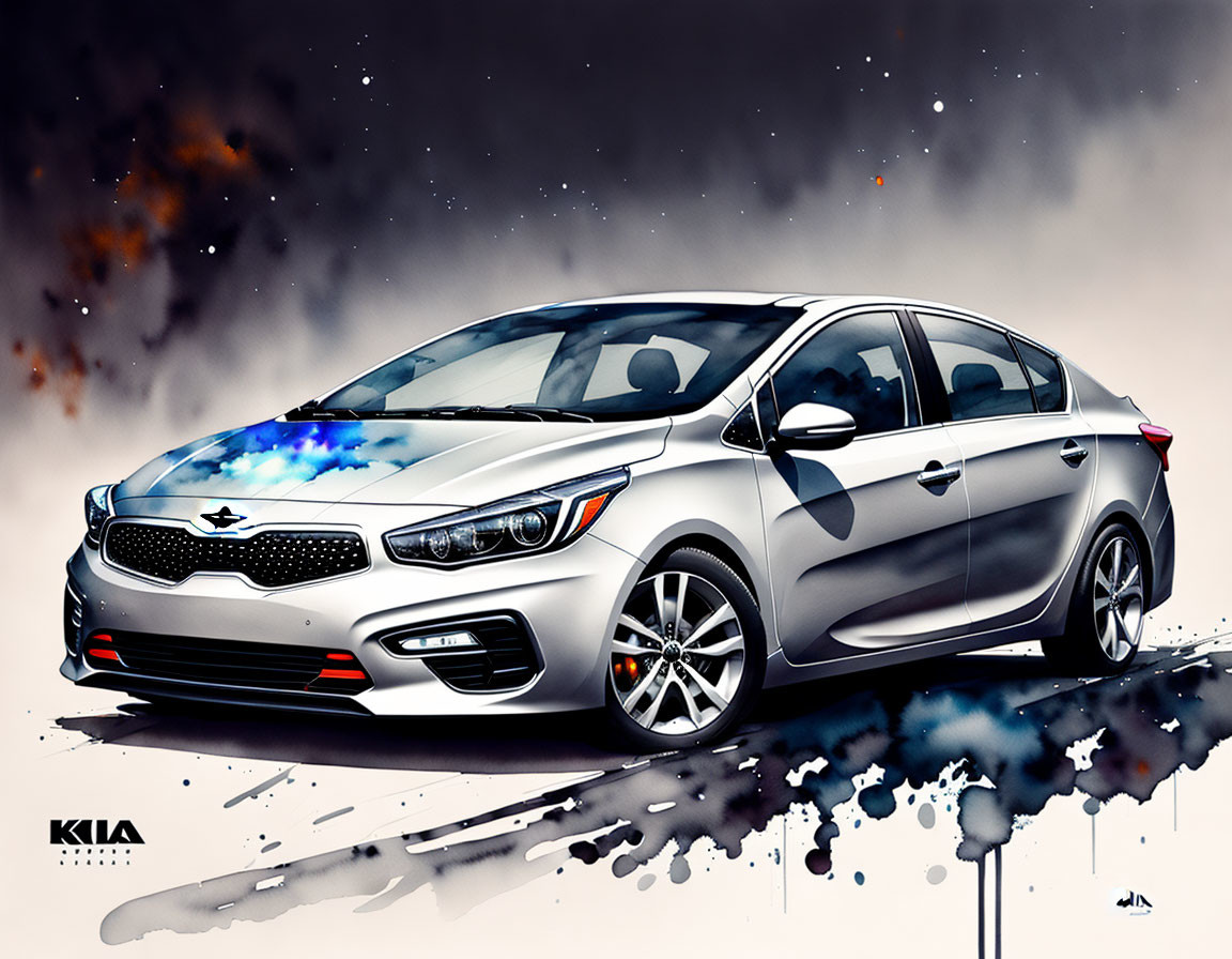 Vibrant colors accentuate silver Kia sedan in dynamic artwork