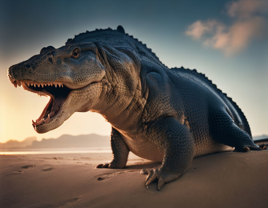 Large alligator with open mouth on sandy beach at sunset with mountains in background