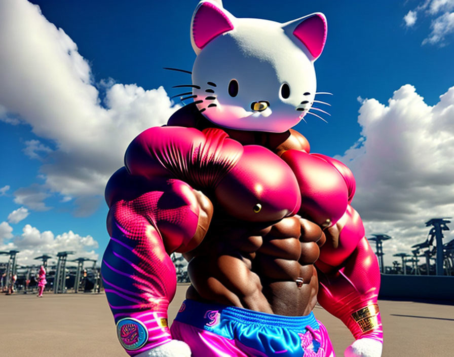 Digitally altered image: Muscular body with Hello Kitty head, boxing gloves, shorts, cloudy blue